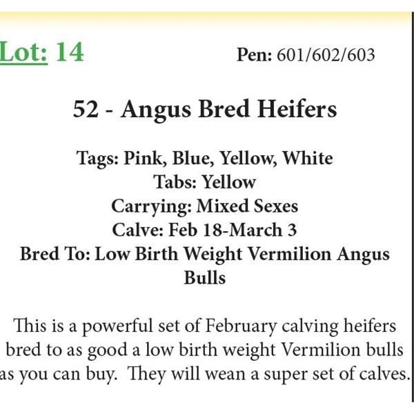 52 Bred Heifers Base Weight: 1050