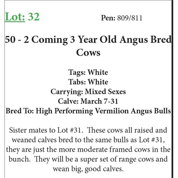 50 2 Coming 3 Yr Old Bred Cows Base Weight: 1100
