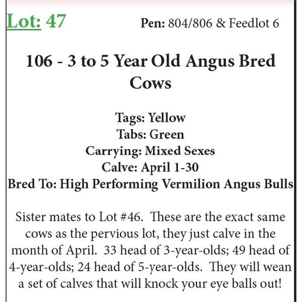 106 3-5 Yr Old Bred Cows Base Weight: 1300