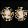 Image 2 : Vintage 14K Yellow Gold Oval Carved Shell Cameo Open Wire Frame Stud Earrings