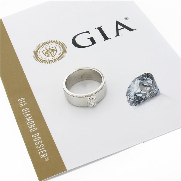 NEW 14k Gold GIA 0.53 ctw Emerald Cut Diamond Solitaire Milgrain Wide Band Ring