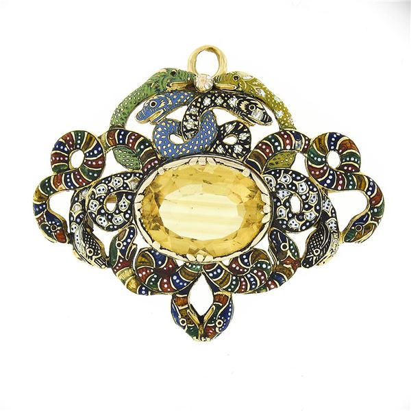 Vintage 14k Gold Oval Citrine Multi Color Enamel Serpent Snake Brooch Pendant