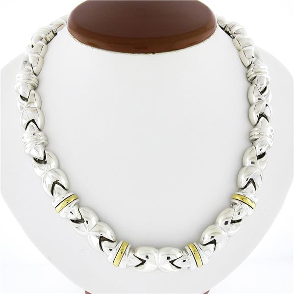 Designer Silver & 18K Gold Fancy Puffed "X" Circular Link 17.5" Collier Necklace