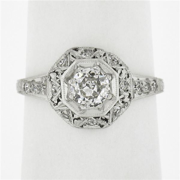 Antique Edwardian Platinum 0.61 ctw Diamond Octagonal Milgrain Engagement Ring