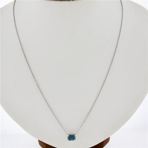 New 14K White Gold Rectangular Cut Prong Blue Zircon Solitaire Pendant & Chain