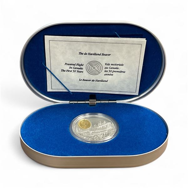 1991 .925 Silver Canadian "The de Havilland Beaver" One Troy Oz. $20 Coin with 24 Gold Covered Cameo