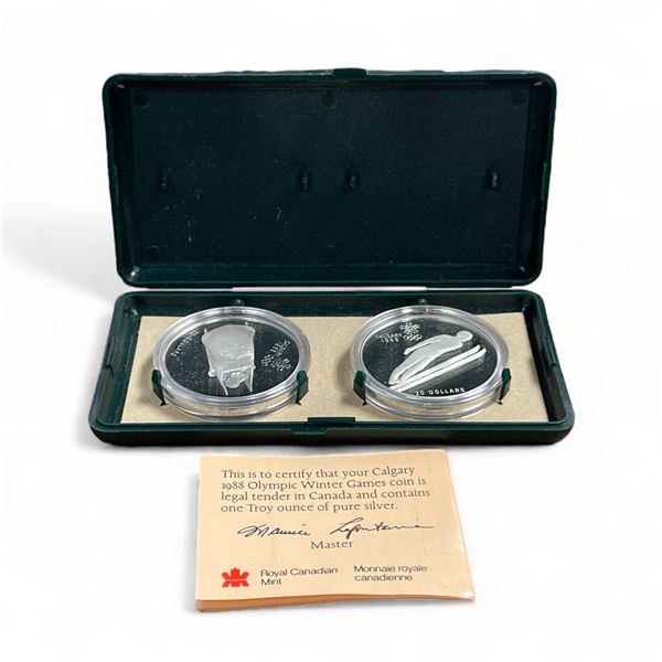 1988 .925 Silver Calgary Winter Olympics Ski Jumping and Bobsledding One Troy Oz. $20 Coins - 2 Coin