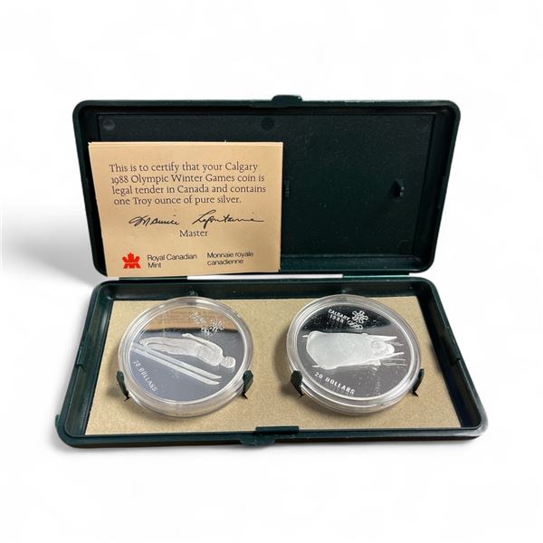 1988 .925 Silver Calgary Winter Olympics Ski Jumping and Bobsledding One Troy Oz. $20 Coins - 2 Coin