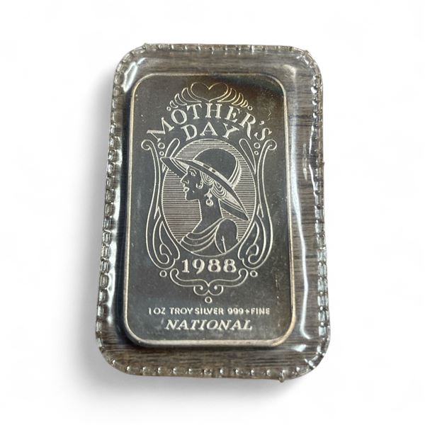 .999 Fine Silver One Troy Oz. 1988 Mother's Day Bar - National Mint - Mint Sealed