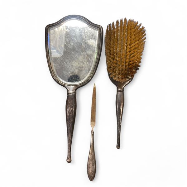 Antique Birks Sterling 3-Piece Dresser Set - Mirror , Brush and Nail File - Engraved "Ruth"