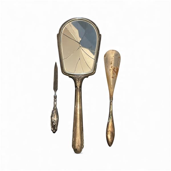 3 Antique Sterling Silver Vanity Pieces - Mirror, Nail File and Shoe Horn - Glass is broken in the m