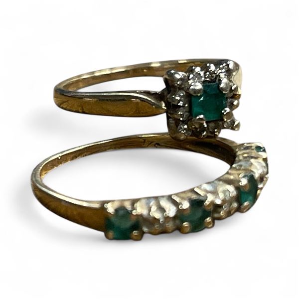 Two 10 KT  Gold Diamond & Emerald  Rings- Size 4 1/2 - Total weight including gemstones: 2.7 grams