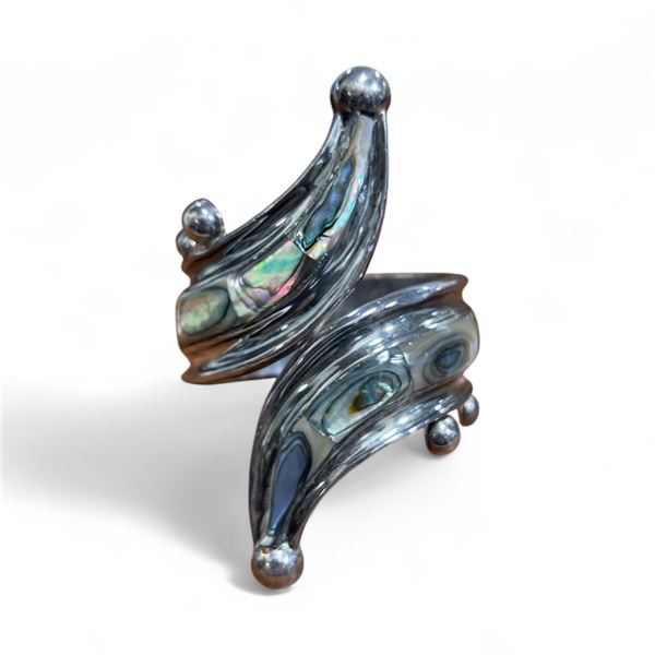 Sterling Silver & Abalone Balladares Taxco Hinged Cuff Bracelet - 4" tall at the front - Total Weigh