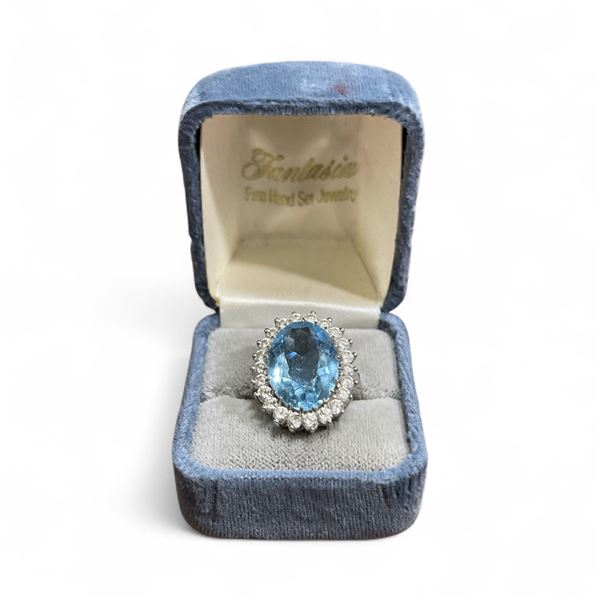 Dramatic Sterling Silver Blue & Clear Crytal Dinner Ring - Size 7 - Face of ring is 19.8 mm x 2 4mm
