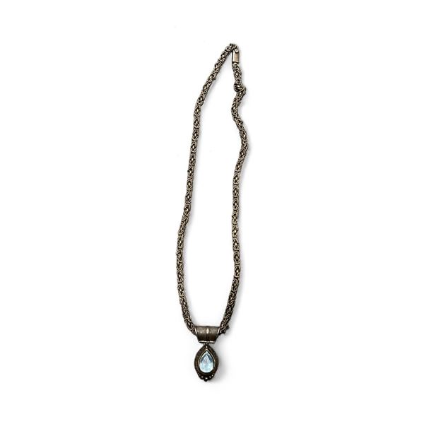 Vintage Blue Topaz Pendant on Thick 28"  Byzantine Chain - Stamped Mexico .925 - Pendant is 2" x 1.7
