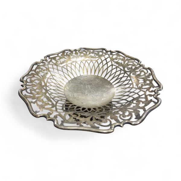 Vintage British Sterling Silver Pierced Pedestal Dish - "B" Monogram - 9" Diameter - Weight: 255 gra