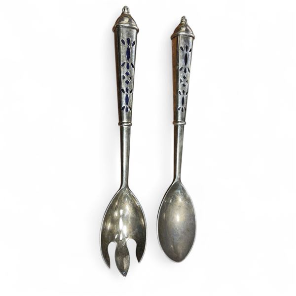 Pair of Vintage Silver Plated Salad Servers with Cobalt Glass in the Handles - 11" long
