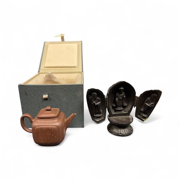 Miniature Clay Teapot in Gift Box and 4.5" Tall Carved Wood Asian Deity Alter