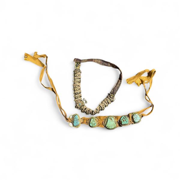 2 Vintage Choker Necklaces of Upcycled on Cloth Silver and Turquoise Pieces - Unknow if they are ste