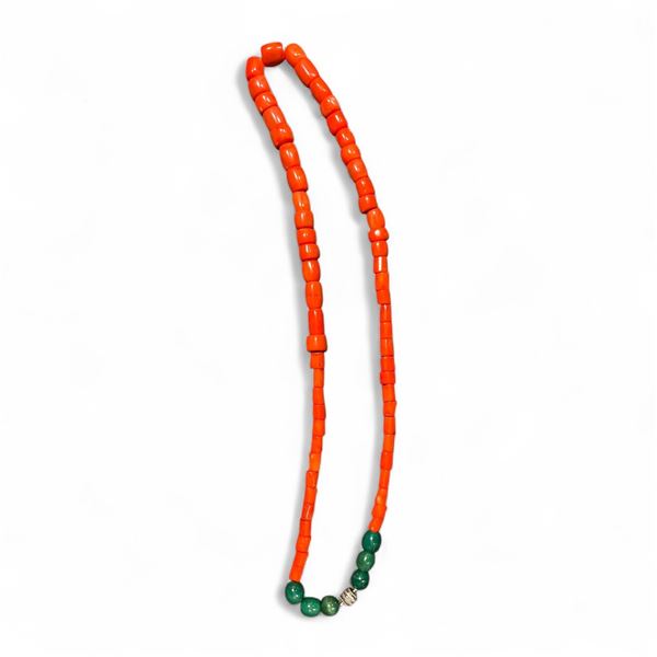 38" Coral and Jade Bead Necklace - Largest bead diameter is 14.5mm