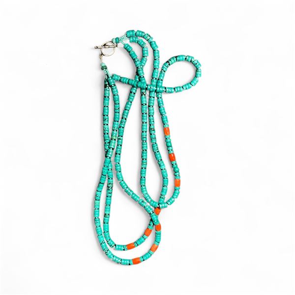 18" Triple Strand Turquoise with Coral Accents Necklace - Toggle Clasp