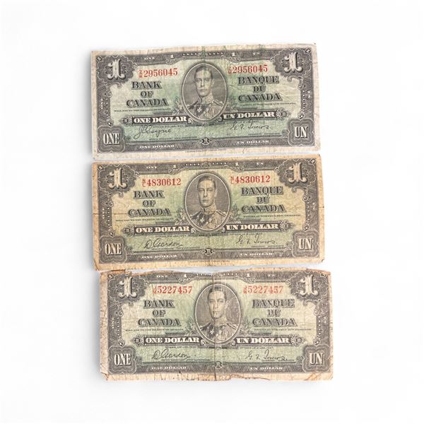 3 x 1937 Bank of Canada One Dollar Bank Notes - 2 Gordon/Towers (NL and JM Series) 1 Coyne/Towers ZM