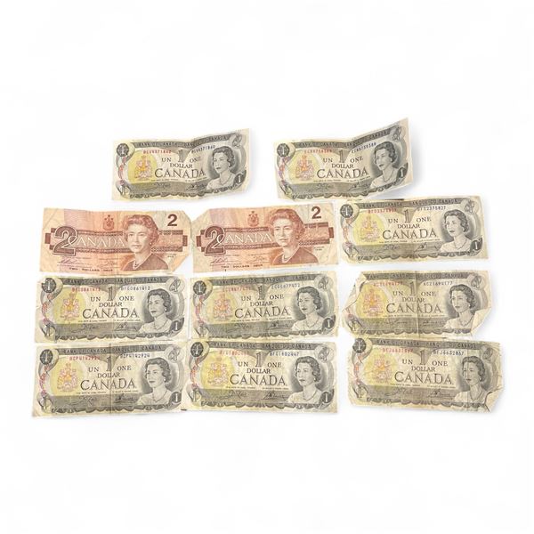 2 x 1986 $2 Bills and 9 x 1973 $1 Bills ($2 are BRN & CBG Series) ($1 are a wide range of Series #s)