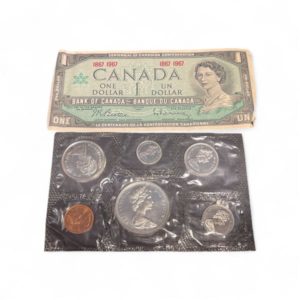 1967 Canadian Centennial $1 Bill and Proof-Like Silver Coin Set - $1 1867-1967  Bill - The 10¢, 25¢,
