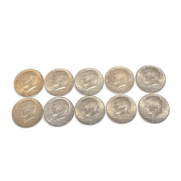 9 x 1968 & 1 1964 USA Kennedy Half Dollar Coins - 40% Silver - Circulated
