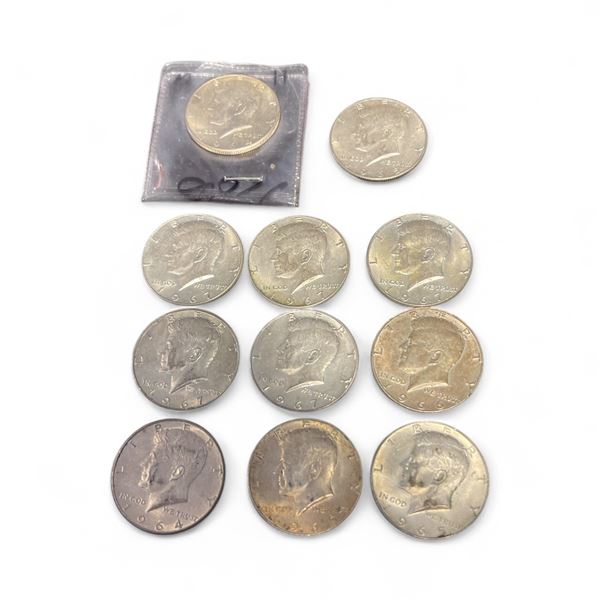 11 x 1964 - 1967 Kennedy Half Dollars - 40% Silver - Circulated