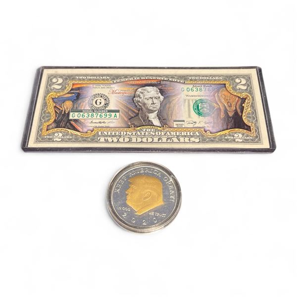 Famous Masterpieces "The Scream" $2 Bill and 2020 Donald Trump Silver Plated Round - Neither are leg