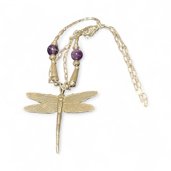 Vintage Sterling Silver & Amethyst Dragonfly Necklace - 2" x 2" pendant on a 19" chain. Total weight