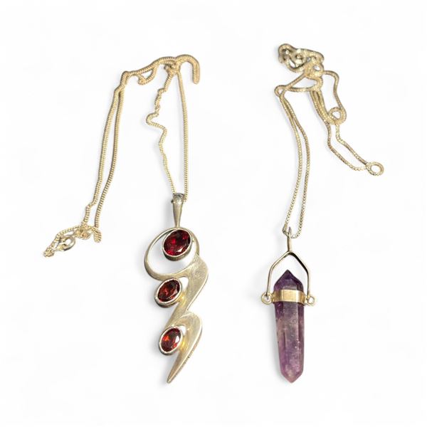 2 Sterling Silver Necklaces - Faceted 2  Garnet Pendant and 1.5  Amethyst Pendant - Both on  Fine 17