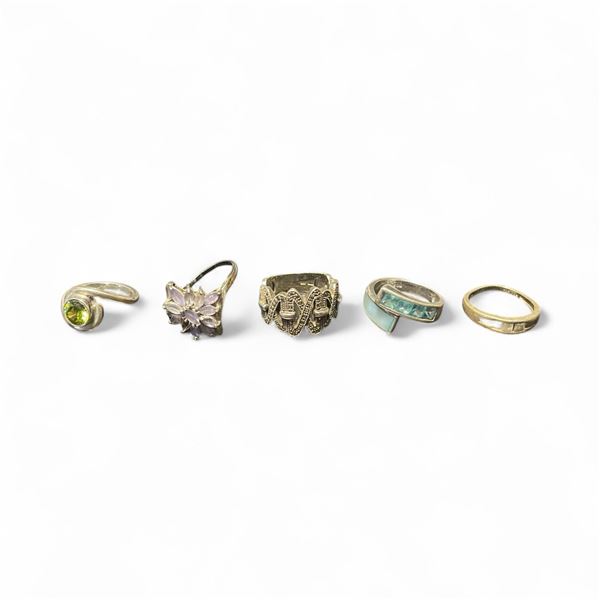 5 Sterling Silver & Gemstone Rings - Variety of styles and sizes - Total weight including gems: 21 g