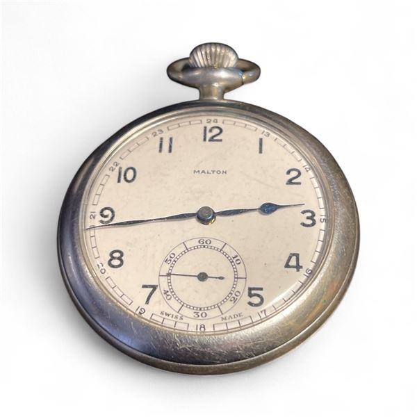 Vintage Swiss Made Walton 17 Jewel Pocket Watch - 51mm diameter nickel silver case. No box.