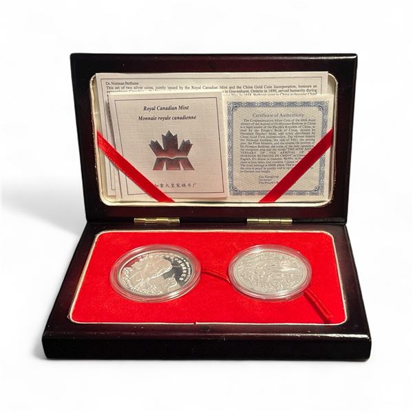 .9999 Fine Silver 2 Coin Set - 1998 Canadian/Chinese $5 Dr Norman Bethune Arrival in China 60th Anni