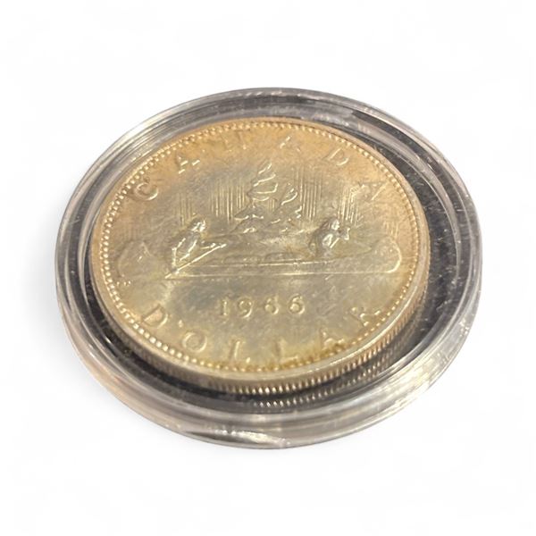 1966 Canadian  Silver Dollar Coin - .800 Silver - Circulated - In a capsule