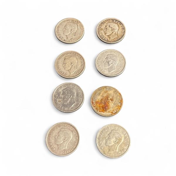 8 Canadian 1940s Quarters - .800 Silver - All King George Quarters - Circulated