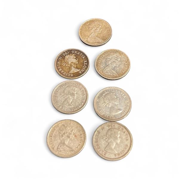 7 Canadian 1960s  Quarters - .800 Silver - None  older than 1966 - Circulated