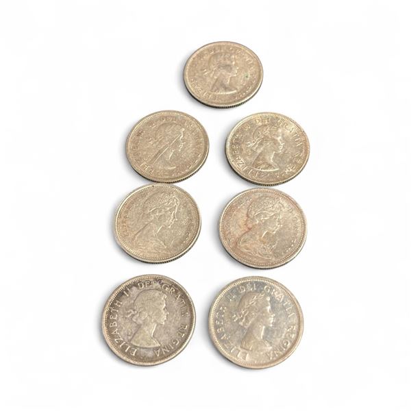 7 Canadian 1960s  Quarters - .800 Silver - None  older than 1966 - Circulated