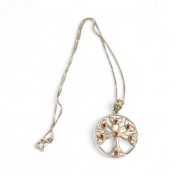 Sterling Silver and Garnet Scandinavian "Tree of Life" Pendant Necklace - 1" diameter pendant  on a