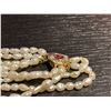 Image 2 : Triple Strand Fresh Water Pearl Necklace with Ruby & Diamond Clasp Stamped .585