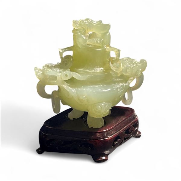Carved Jade Dragon Incense Burner with Stand - 3" x 5" x 4.5" tall - In Original Presentation Box