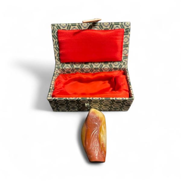 Chicken Blood Agate Stone for Signature Carving - Zhong Kui Ghost Catching Figure Engraved on Stone 