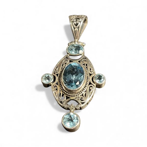 Large Sterling Silver Faceted Blue Topaz Crystal Pendant - 1.5" x 2.5" - Total weight including gems