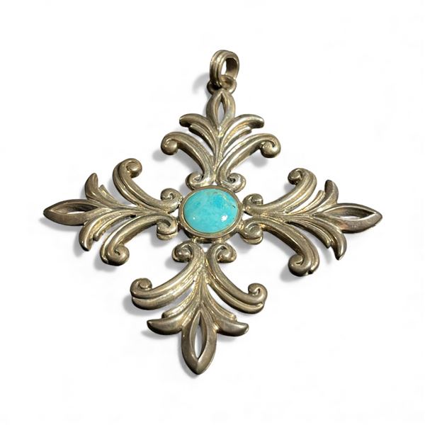 Large Sterling Silver & Turquoise Pendant - 3" x 3" - Total weight including turquoise: 40 grams