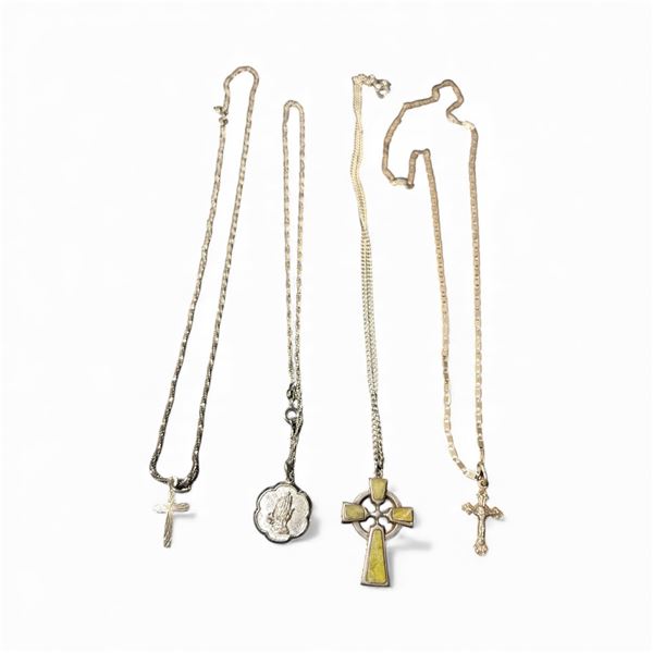4 Sterling Silver Religious Themed Necklaces: Praying Hands, Celtic Cross and 2 Crosses - Total Weig