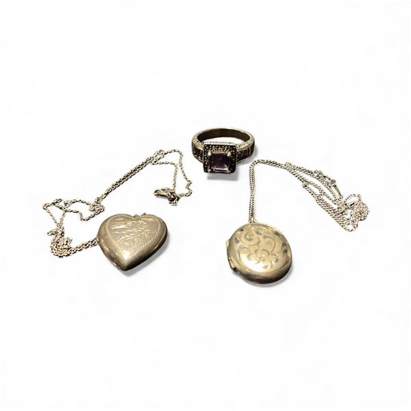 2 Sterling Silver Lockets on Chains and a Size 9 Amethyst Crystal Ring - Total weight: 21 grams