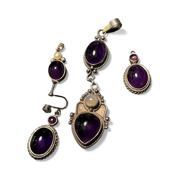 Group of Sterling Silver  Amethyst Cabochon Jewelry - 3" drop pendant, 1" pendant and pair of earrin