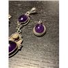 Image 3 : Group of Sterling Silver  Amethyst Cabochon Jewelry - 3" drop pendant, 1" pendant and pair of earrin